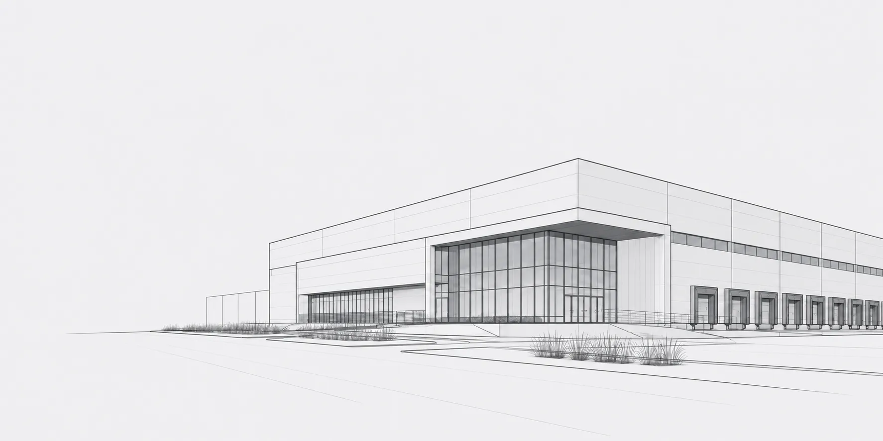 Architektoniczna ilustracja nowoczesnego centrum logistycznego związana z obsługą nieruchomości inwestycyjnych i projektów komercyjnych